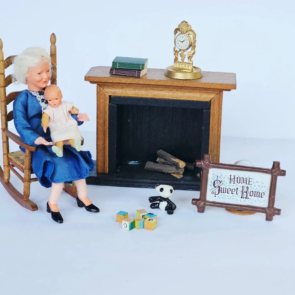 Vintage Dollhouse Accessories Lot Gold Clock‎ Home Sweet Home Sign Panda Blocks